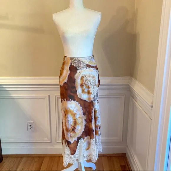 ZARA Brown Purple Agate Tie Dye Print Cream Lace Satin Midi Skirt