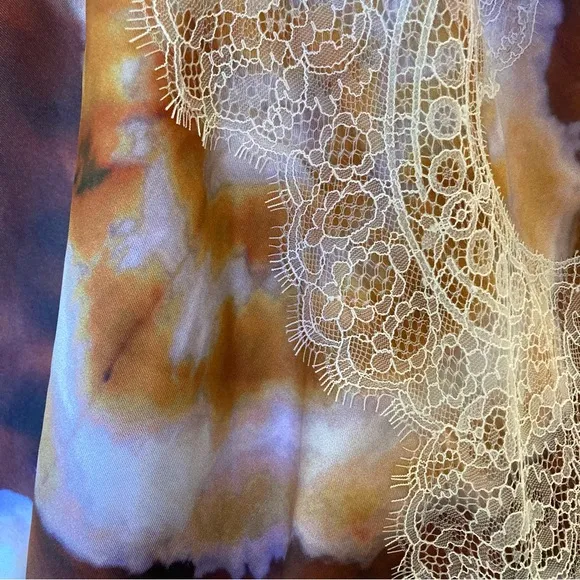 ZARA Brown Purple Agate Tie Dye Print Cream Lace Satin Midi Skirt