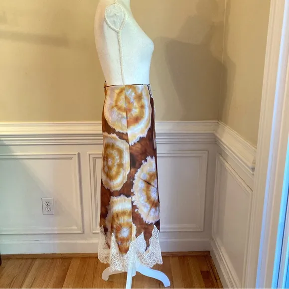 ZARA Brown Purple Agate Tie Dye Print Cream Lace Satin Midi Skirt