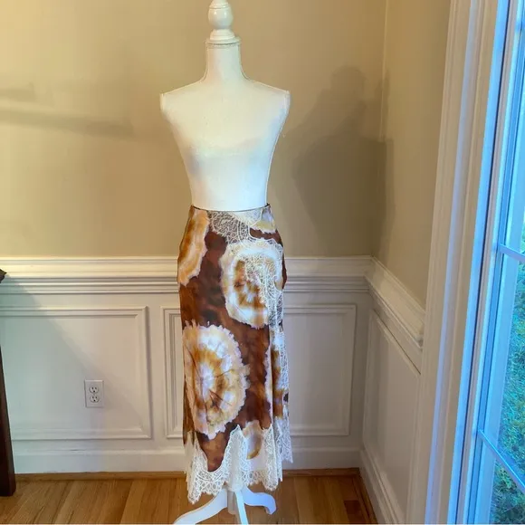 ZARA Brown Purple Agate Tie Dye Print Cream Lace Satin Midi Skirt
