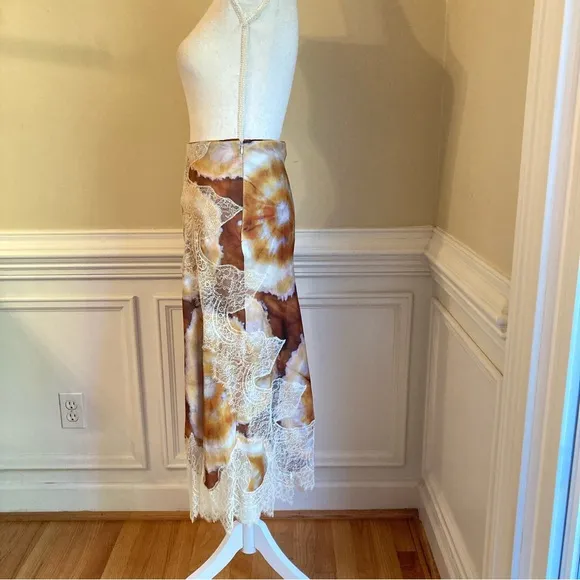 ZARA Brown Purple Agate Tie Dye Print Cream Lace Satin Midi Skirt