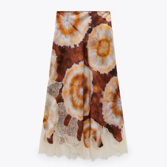 ZARA Brown Purple Agate Tie Dye Print Cream Lace Satin Midi Skirt
