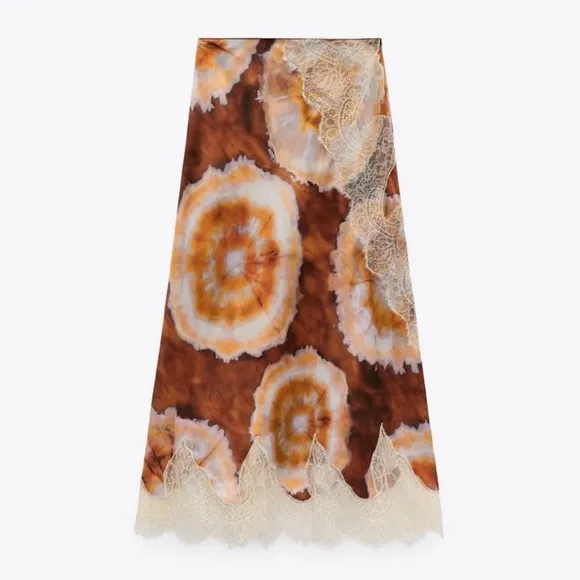 ZARA Brown Purple Agate Tie Dye Print Cream Lace Satin Midi Skirt