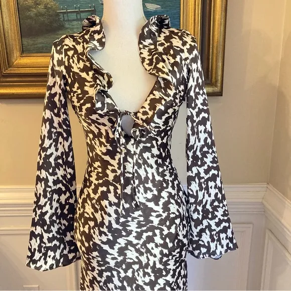 ZARA Brown White Satin Print Ruffle Long Sleeve Maxi Dress NWT