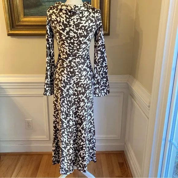 ZARA Brown White Satin Print Ruffle Long Sleeve Maxi Dress NWT
