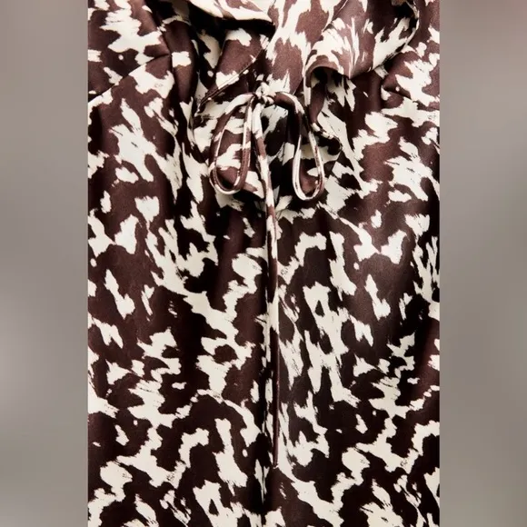ZARA Brown White Satin Print Ruffle Long Sleeve Maxi Dress NWT