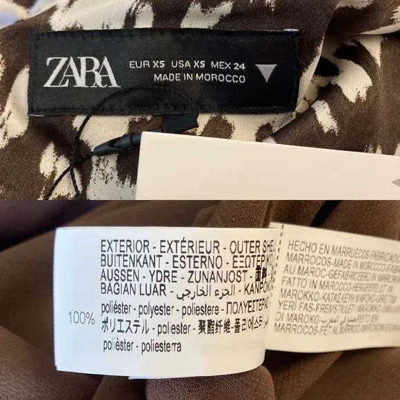 ZARA Brown White Satin Print Ruffle Long Sleeve Maxi Dress NWT
