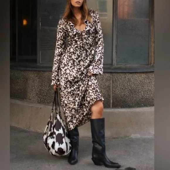 ZARA Brown White Satin Print Ruffle Long Sleeve Maxi Dress NWT