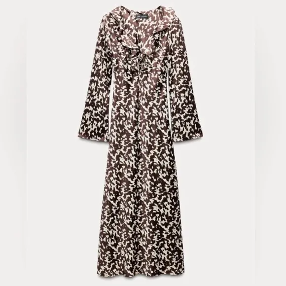ZARA Brown White Satin Print Ruffle Long Sleeve Maxi Dress NWT