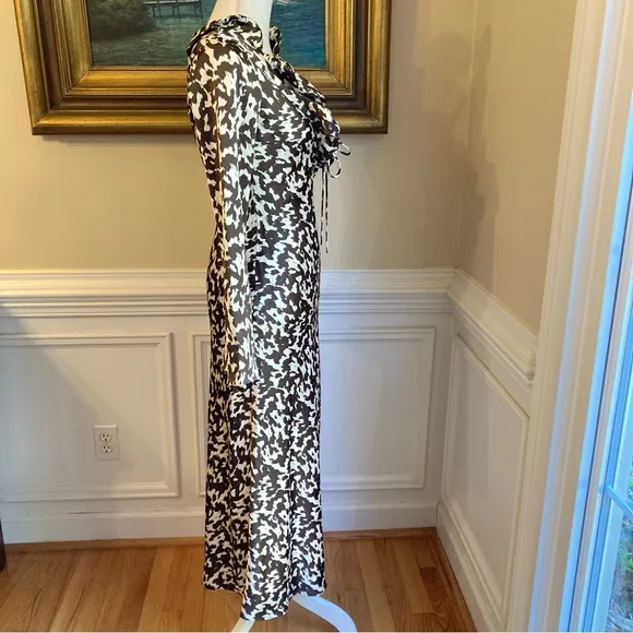ZARA Brown White Satin Print Ruffle Long Sleeve Maxi Dress NWT