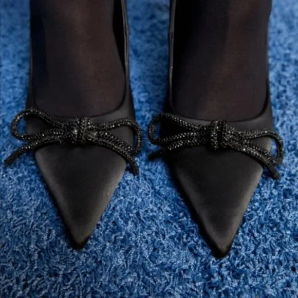 Zara Embellished Bow Heeled Shoes Black Sz 7.5 NWT