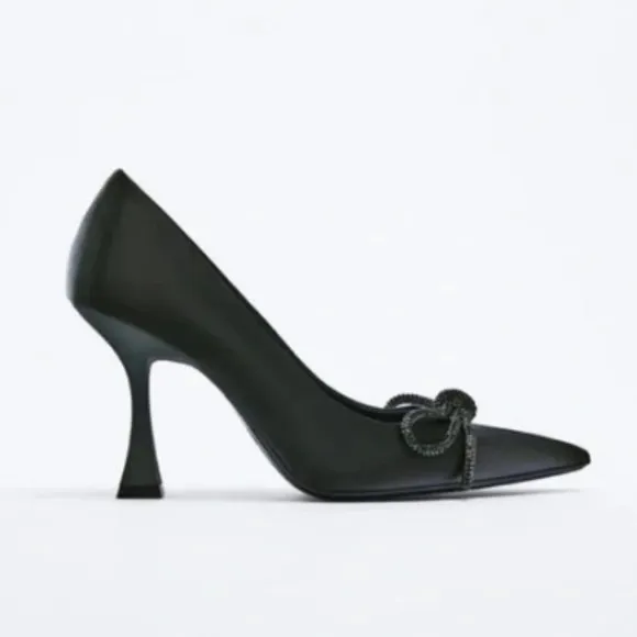 Zara Embellished Bow Heeled Shoes Black Sz 7.5 NWT
