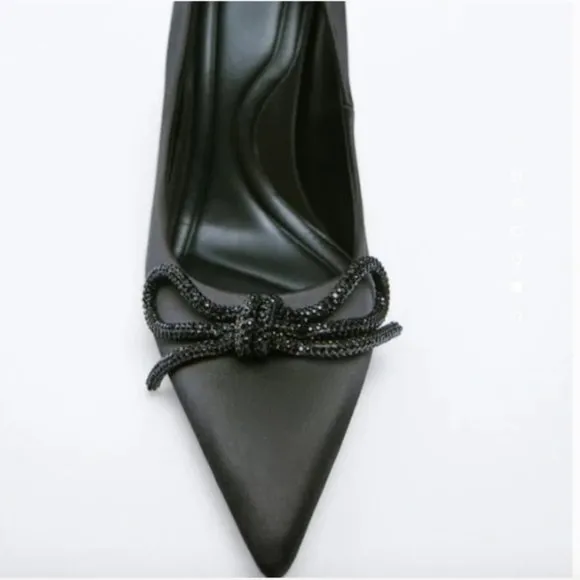 Zara Embellished Bow Heeled Shoes Black Sz 7.5 NWT