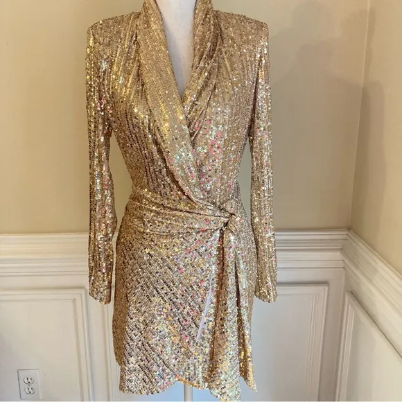 ZARA Gold Sequin Long Sleeve Wrap Mini Dress