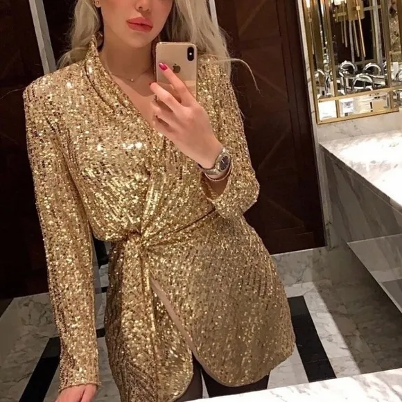 ZARA Gold Sequin Long Sleeve Wrap Mini Dress