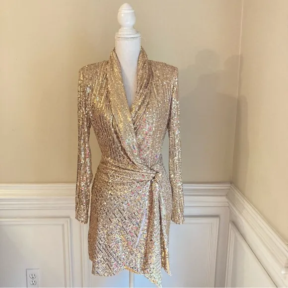 ZARA Gold Sequin Long Sleeve Wrap Mini Dress