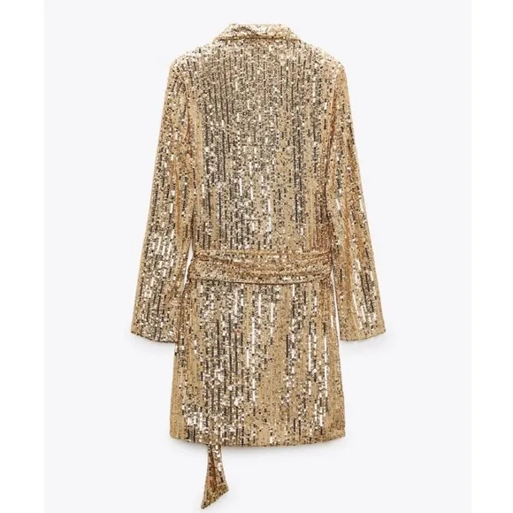 ZARA Gold Sequin Long Sleeve Wrap Mini Dress
