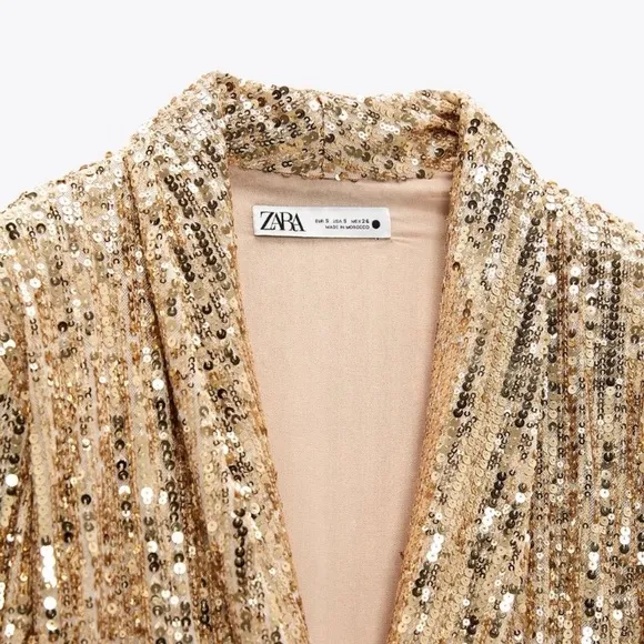 ZARA Gold Sequin Long Sleeve Wrap Mini Dress