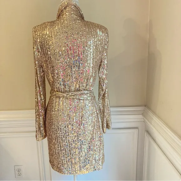 ZARA Gold Sequin Long Sleeve Wrap Mini Dress