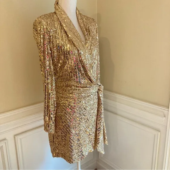 ZARA Gold Sequin Long Sleeve Wrap Mini Dress