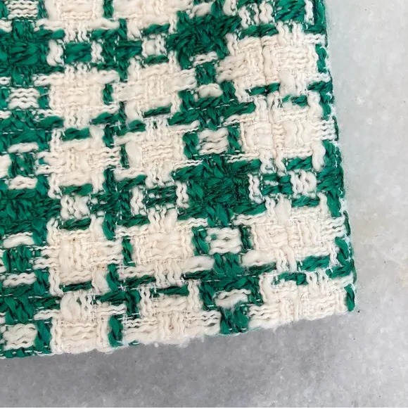 ZARA Green Ivory Cream White Plaid Houndstooth Tweed Rhinestone Mini Skirt NWT