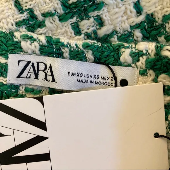 ZARA Green Ivory Cream White Plaid Houndstooth Tweed Rhinestone Mini Skirt NWT