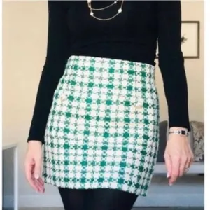 ZARA Green Ivory Cream White Plaid Houndstooth Tweed Rhinestone Mini Skirt NWT