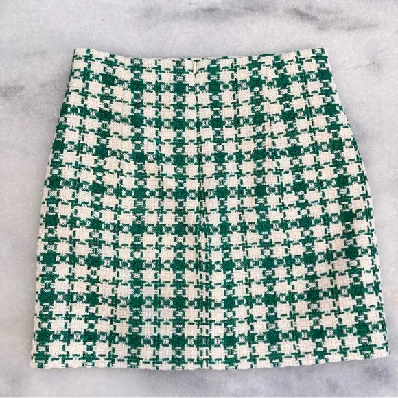 ZARA Green Ivory Cream White Plaid Houndstooth Tweed Rhinestone Mini Skirt NWT