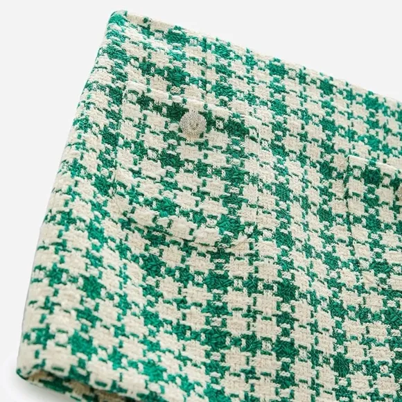 ZARA Green Ivory Cream White Plaid Houndstooth Tweed Rhinestone Mini Skirt NWT