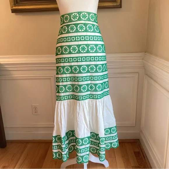 ZARA Green White Eyelet Lace Ruffle Midi Maxi Skirt
