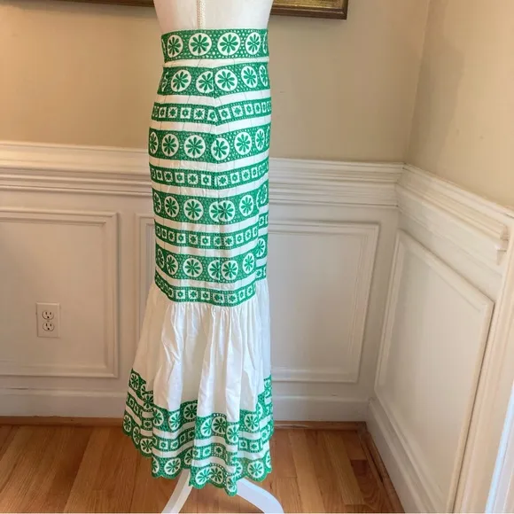 ZARA Green White Eyelet Lace Ruffle Midi Maxi Skirt