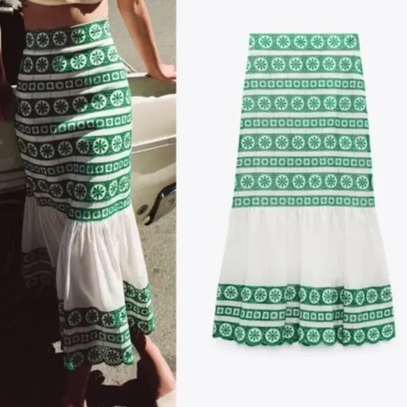 ZARA Green White Eyelet Lace Ruffle Midi Maxi Skirt