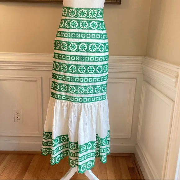 ZARA Green White Eyelet Lace Ruffle Midi Maxi Skirt