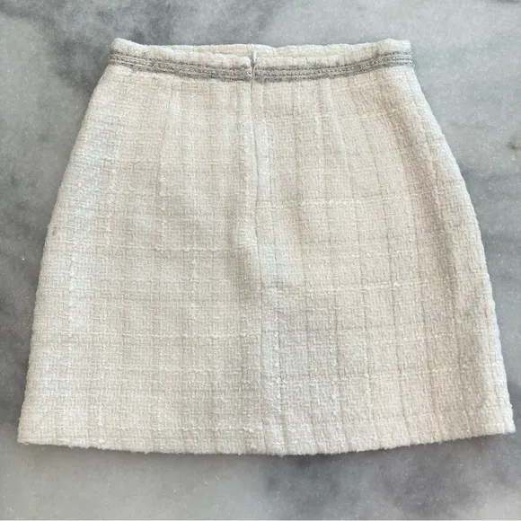 ZARA Ivory White Cream Silver Tweed Fringe Pearl Button Mini Skirt