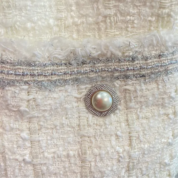 ZARA Ivory White Cream Silver Tweed Fringe Pearl Button Mini Skirt