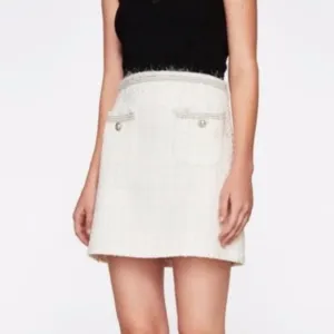 ZARA Ivory White Cream Silver Tweed Fringe Pearl Button Mini Skirt