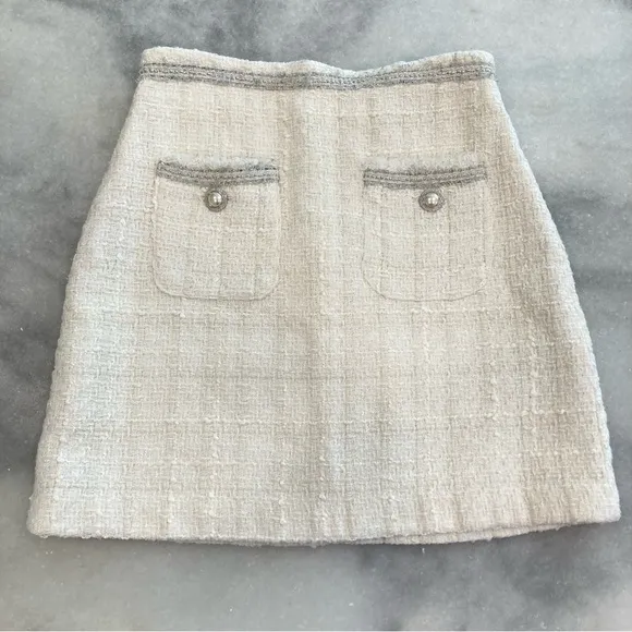 ZARA Ivory White Cream Silver Tweed Fringe Pearl Button Mini Skirt