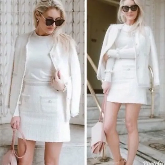 ZARA Ivory White Cream Silver Tweed Fringe Pearl Button Mini Skirt