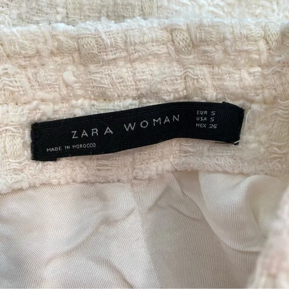 ZARA Ivory White Cream Silver Tweed Fringe Pearl Button Mini Skirt