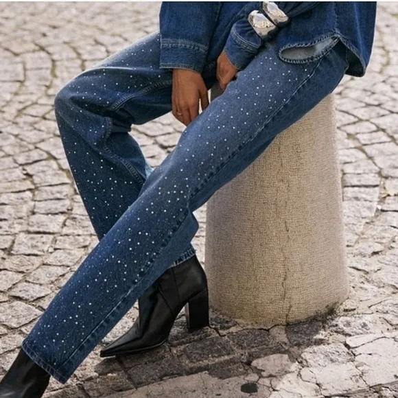 Zara Jewel BEADED JEANS  HIGH WAIST Blue