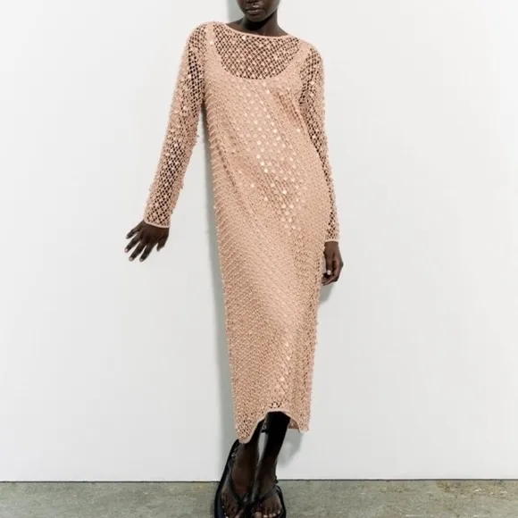 ZARA LIMITED EDITION Net Crochet Sequin Pearl Embellished Midi Dress NWT