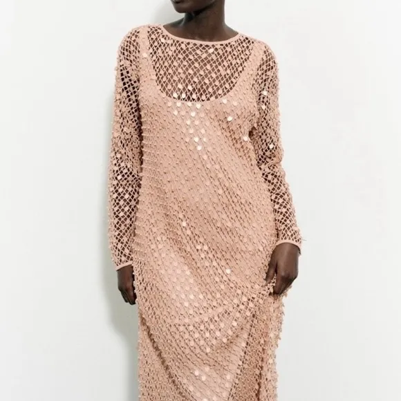 ZARA LIMITED EDITION Net Crochet Sequin Pearl Embellished Midi Dress NWT