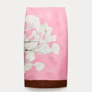 ZARA Pink Floral Print Linen Pencil Skirt NWOT