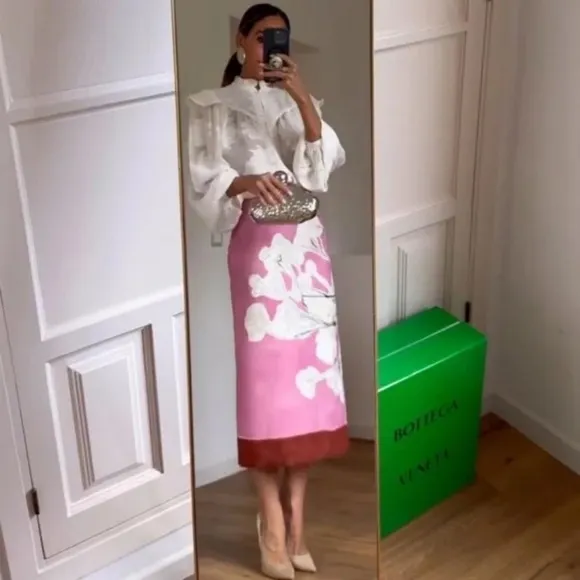 ZARA Pink Floral Print Linen Pencil Skirt NWOT