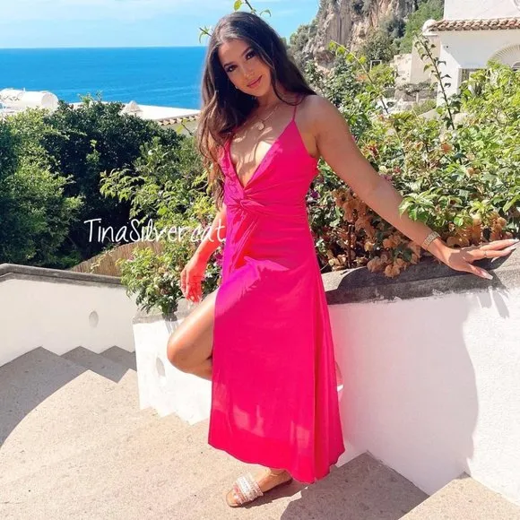 Zara Pink Midi Dress Front Slit Barbie Pink Sz XS NWT