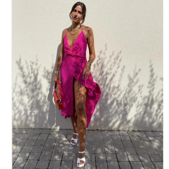 Zara Pink Midi Dress Front Slit Barbie Pink Sz XS NWT