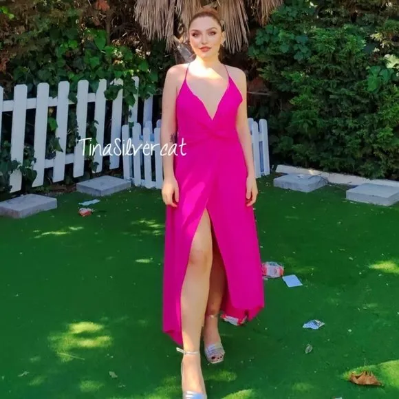 Zara Pink Midi Dress Front Slit Barbie Pink Sz XS NWT