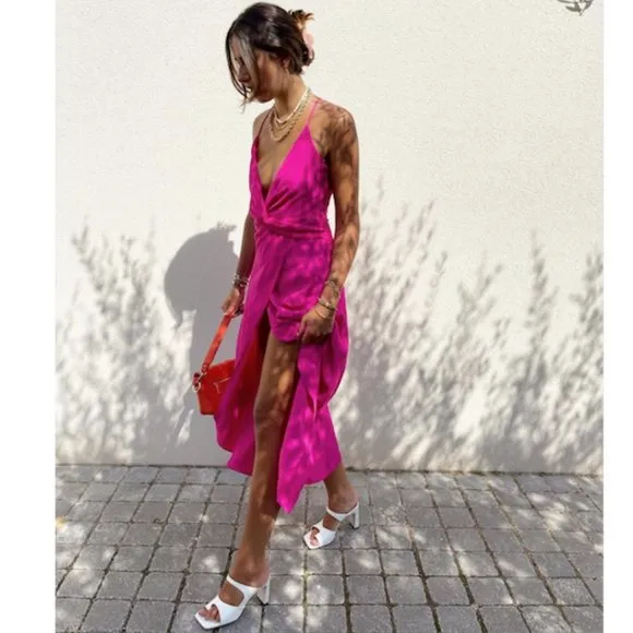 Zara Pink Midi Dress Front Slit Barbie Pink Sz XS NWT