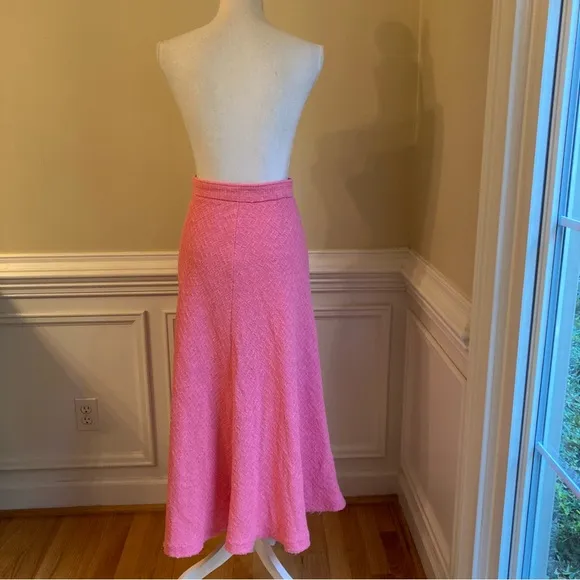 ZARA Pink Tweed Textured Fringe Swing Midi Skirt
