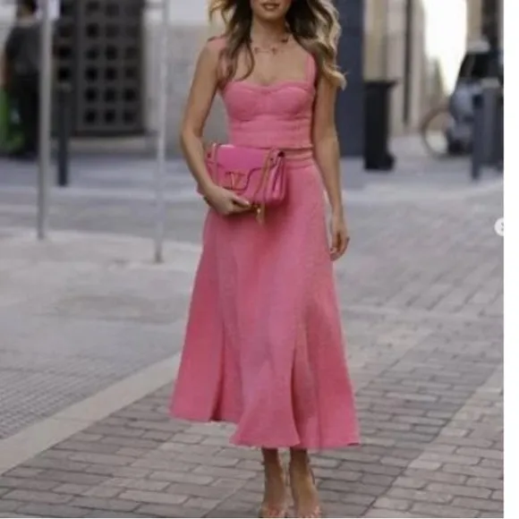ZARA Pink Tweed Textured Fringe Swing Midi Skirt